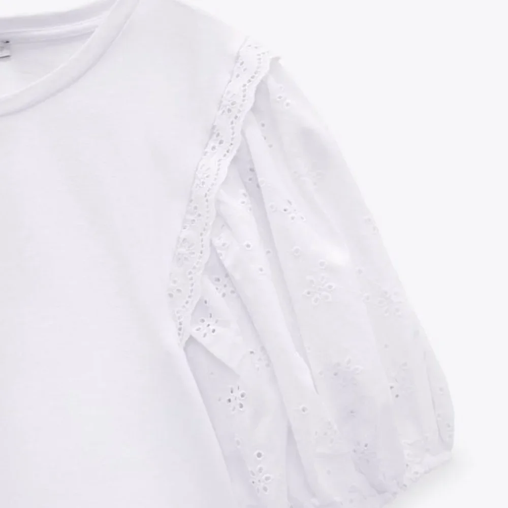 ZARA White Cotton Eyelet Puff Sleeve Contrast Boho Blouse